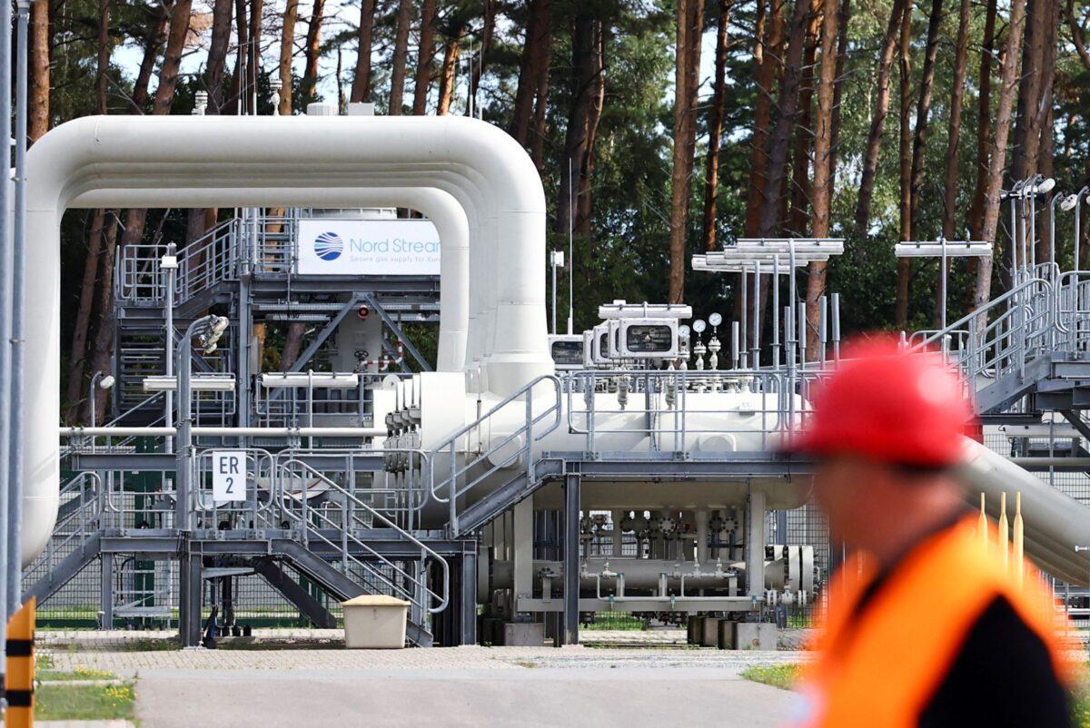 View toward Nord Stream 1 Baltic Sea pipeline and the transfer station of the Baltic Sea Pipeline Link in the industrial area of Lubmin, Germany, on Aug. 30, 2022. (Lisi Niesner/Reuters)