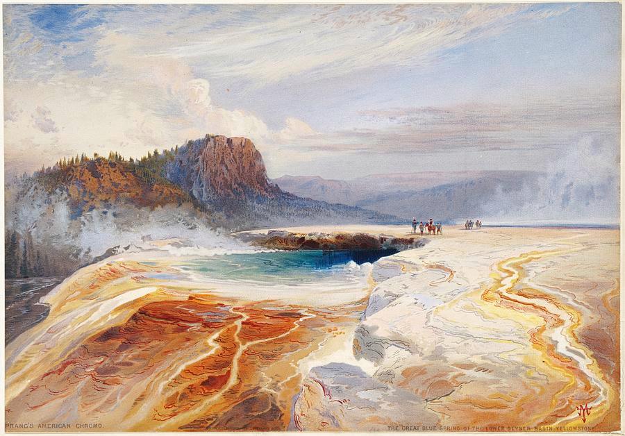 "The Great Blue Spring of the Lower Geyser Basin, Yellowstone National Park," 1875, by Thomas Moran.<br/>Chromolithograph; 8.25 inches by 12.31 inches. Amon Carter Museum of American Art, Fort Worth, Texas. (Public domain)