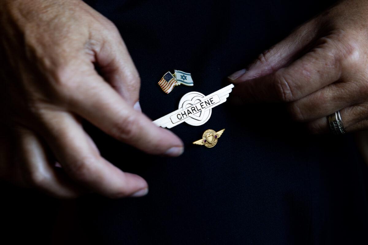 A pin that Charlene Carter wore on her Southwest Airlines flight attendant uniform, at her home in Aurora, Colo., on Aug. 30, 2022. (Michael Ciaglo/The Epoch Times)