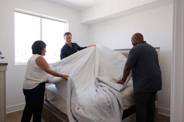 California Gov. Gavin Newsom visits a Project Homekey site in Los Angeles preparing to welcome tenants on Aug. 24, 2022. (Courtesy of Office of Governor Gavin Newsom)