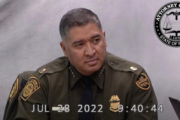 U.S. Border Patrol Chief Raul Ortiz testifies to the Florida Attorney General’s office as part of a lawsuit the state is bringing against the federal government, in Washington on July 28, 2022. (Screenshot/The Epoch Times)