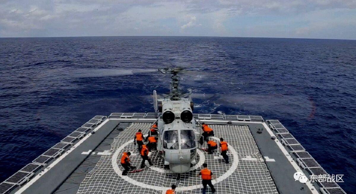A Navy Force helicopter under the Eastern Theatre Command of the Chinese army takes part in military exercises in the waters around Taiwan at an undisclosed location on Aug. 8, 2022. (Eastern Theatre Command/Handout via Reuters)