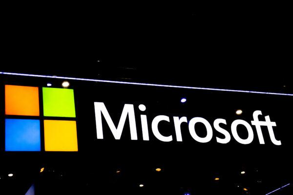 A logo sits illuminated outside the Microsoft booth at the GSMA Mobile World Congress in Barcelona, Spain, on Feb. 28, 2022. (David Ramos/Getty Images)