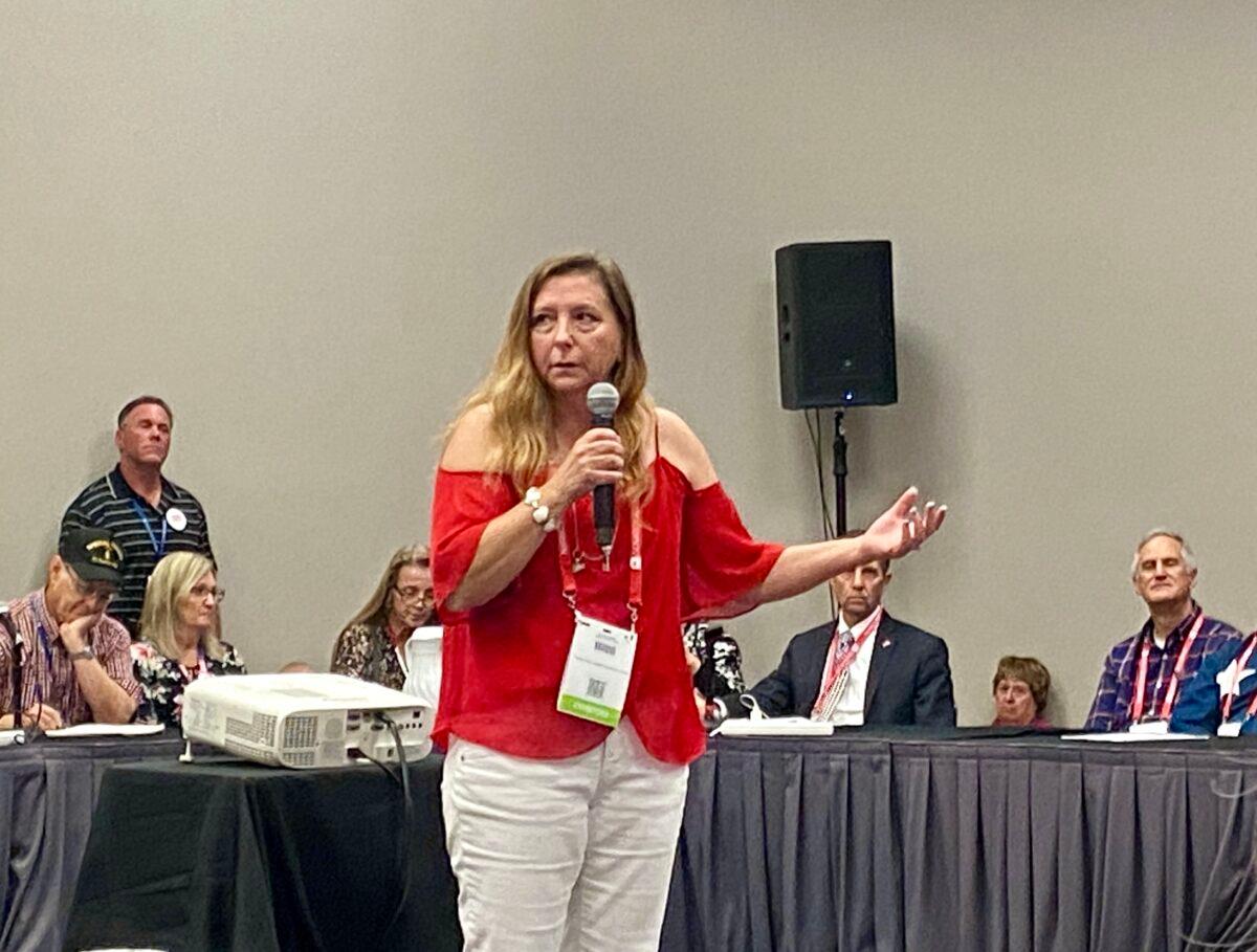 Dr. Angie Farella speaks at the Texas GOP Convention in Houston, Texas, on June 17, 2022. (Darlene Sanchez/Epoch Times)