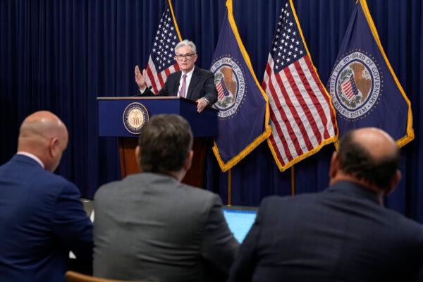 U.S. Federal Reserve chair Jerome Powell speaks at a news conference following a meeting of the Federal Open Market Committee at Federal Reserve headquarters in Washington, D.C., on July 27, 2022. (Drew Angerer/Getty Images)