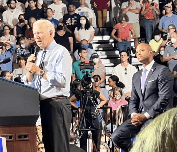 President Joe Biden spearheaded an Aug. 25 rally in Rockville, Md., on behalf of Democratic candidates including Wesley Moore (R) who is expected to win the Nov. 8 Maryland governor's race against Republican state Del. Dan Cox (R-Frederick). (Courtesy of Wes Moore for Maryland)