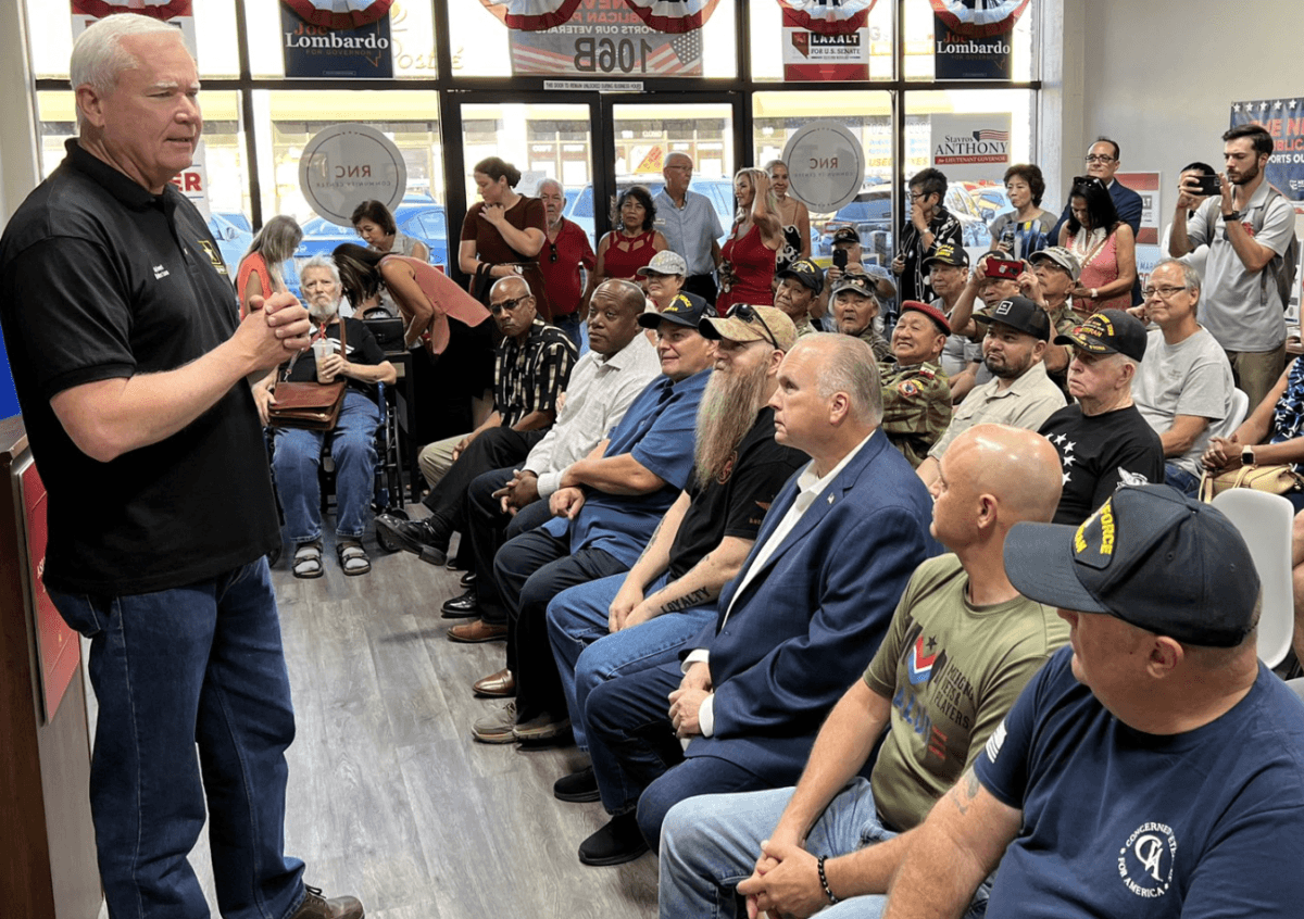 Republican candidate for Nevada Congressional District 1 Mark Robertson speaks on July 28 in Las Vegas with fellow veterans, a constituency he is appealing to unseat incumbent Democrat Dina Titus (D-Nev.) in their Nov. 8 election. (Courtesy of Robertson for Congress)
