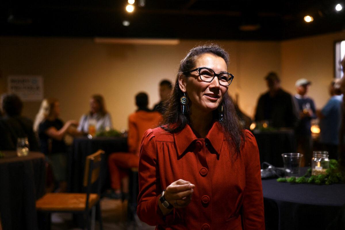 U.S. House candidate Mary Peltola (D) speaks with reporters at her campaign party at 49th State Brewing in Anchorage, Alaska, on Aug. 16, 2022. (Kerry Tasker/Reuters)