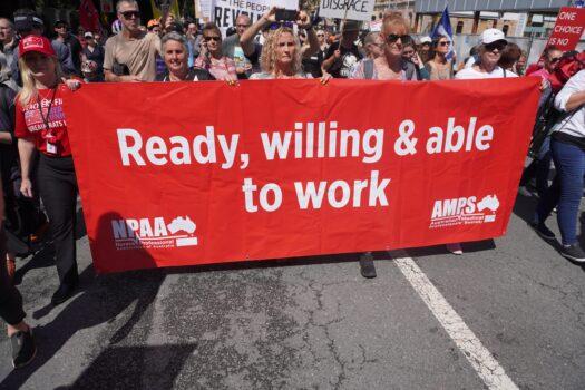 Members of the Teachers' Professional Association of Queensland (TPAQ) took part in a protest against the state Department of Education's decision to cut the pay of unvaccinated teachers in Brisbane, Australia, on Aug. 31. (Courtesy of TPAQ)