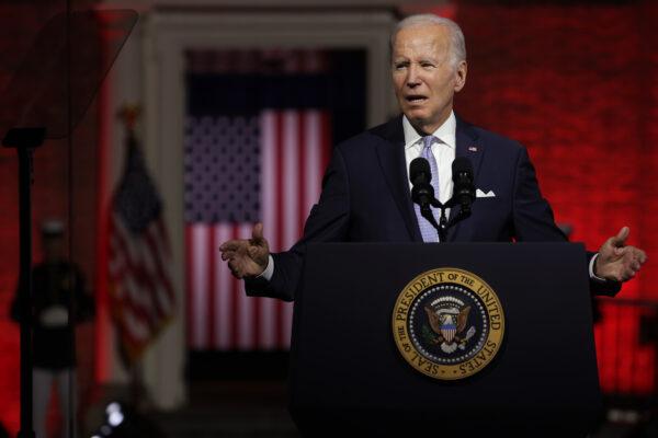  President Joe Biden delivers a primetime speech at Independence National Historical Park in Philadelphia, Pennsylvania, on Sept. 1, 2022. (Alex Wong/Getty Images)
