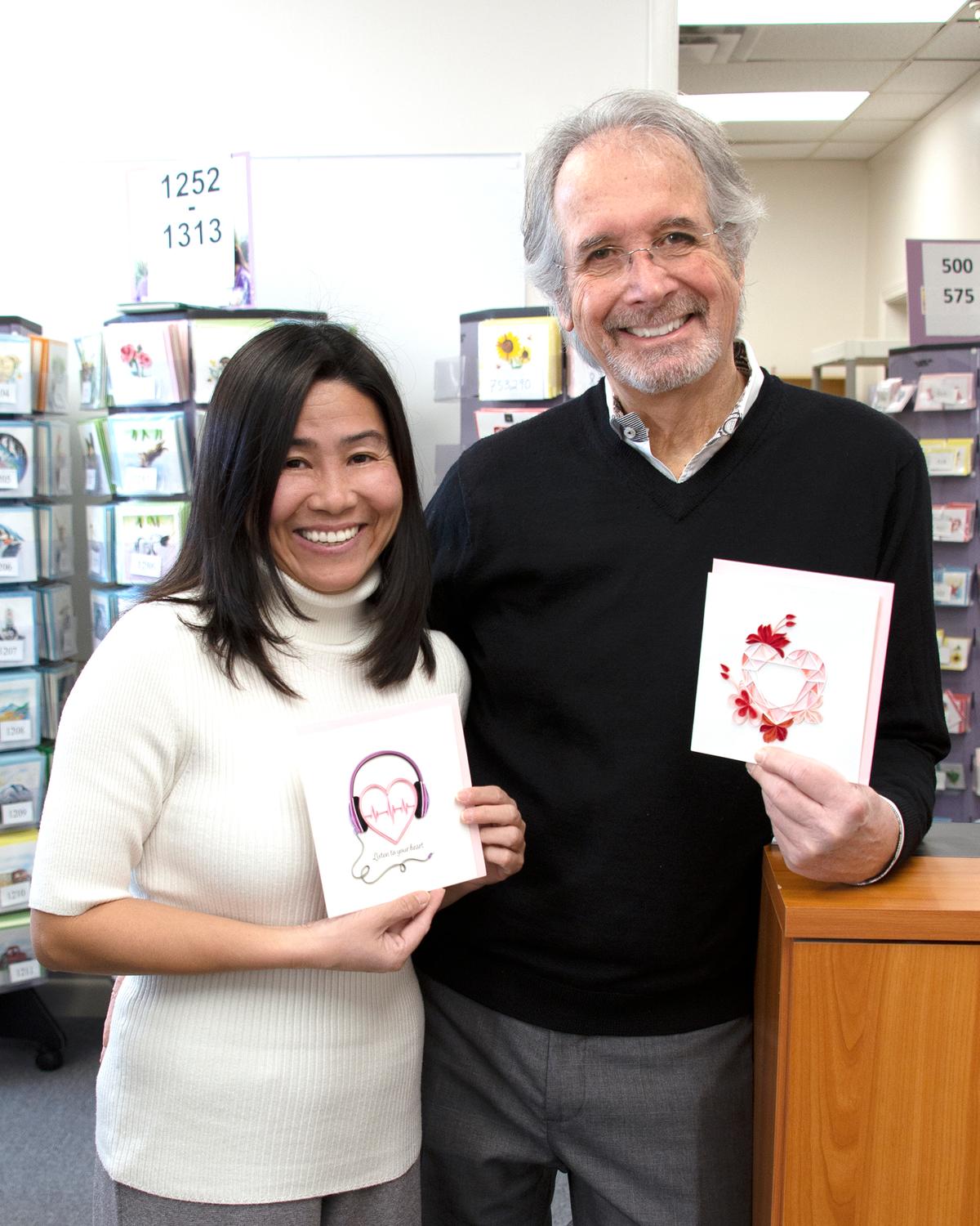 Huong Wolf (L) and her husband, Raphael, started Quilling Card in 2012. (Courtesy of Quilling Card)
