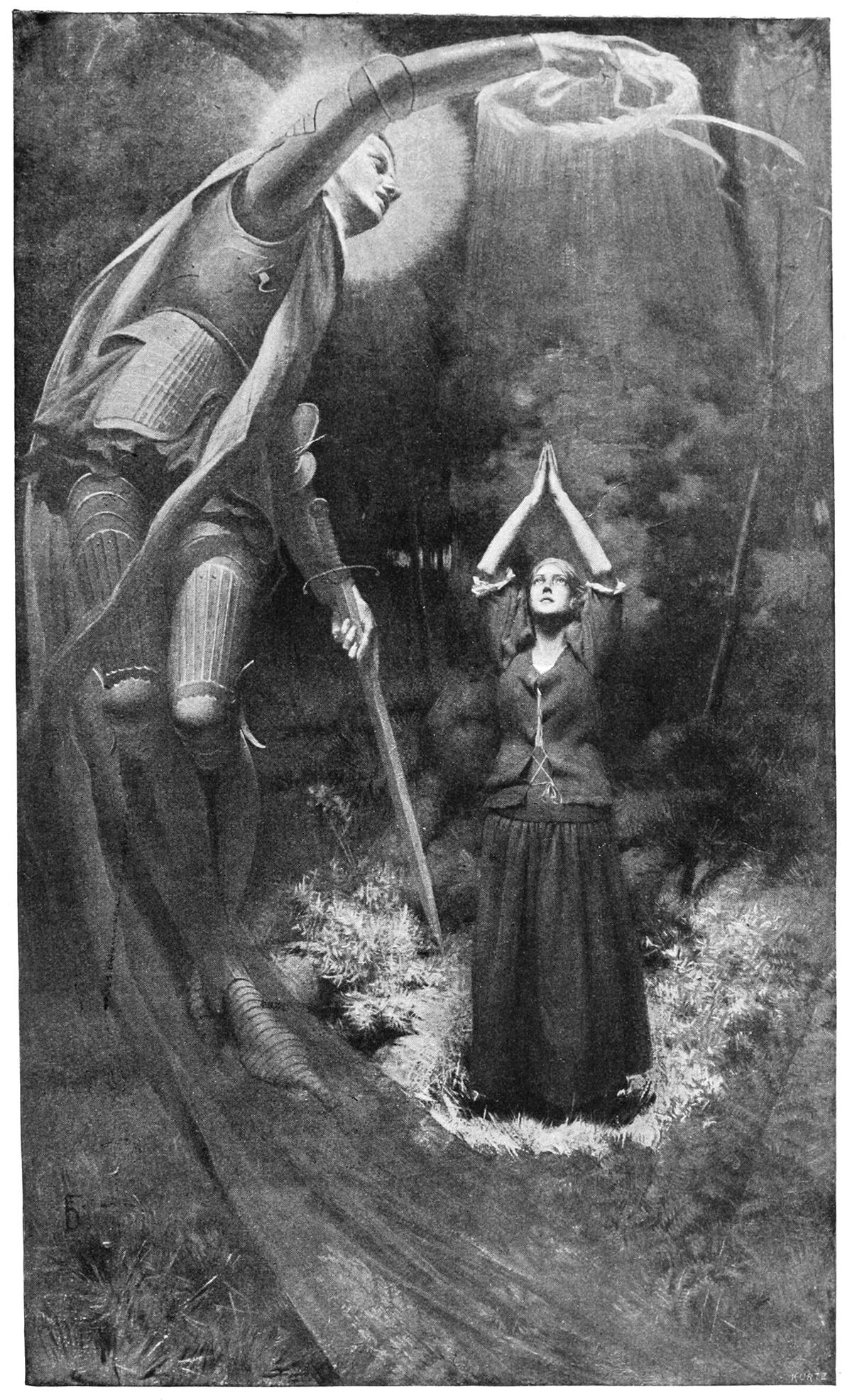 Illustrated plate titled "Joan's Vision" from the "Personal Recollections of Joan of Arc," by Mark Twain in 1896. (Public Domain)