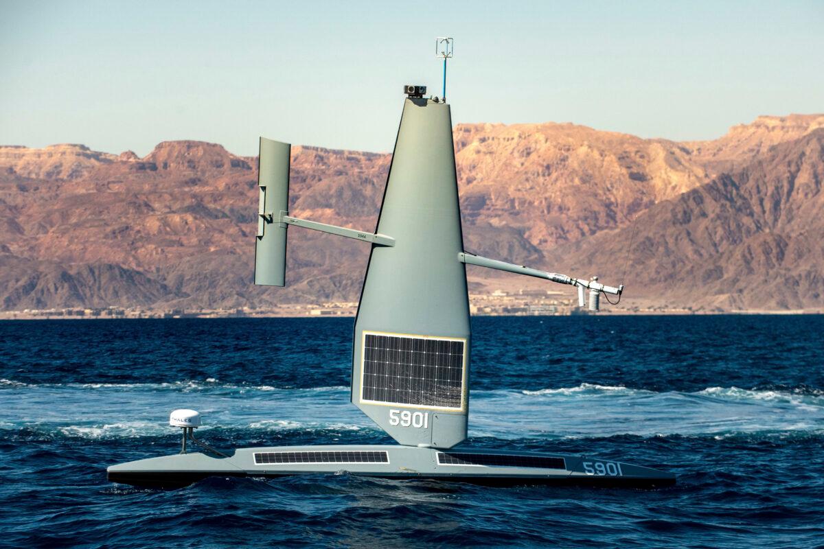 A Saildrone Explorer unmanned sea drone sails in the Gulf of Aqaba on Feb. 9, 2022. (Mass Communication Specialist 2nd Class Dawson Roth/U.S. Navy via AP)