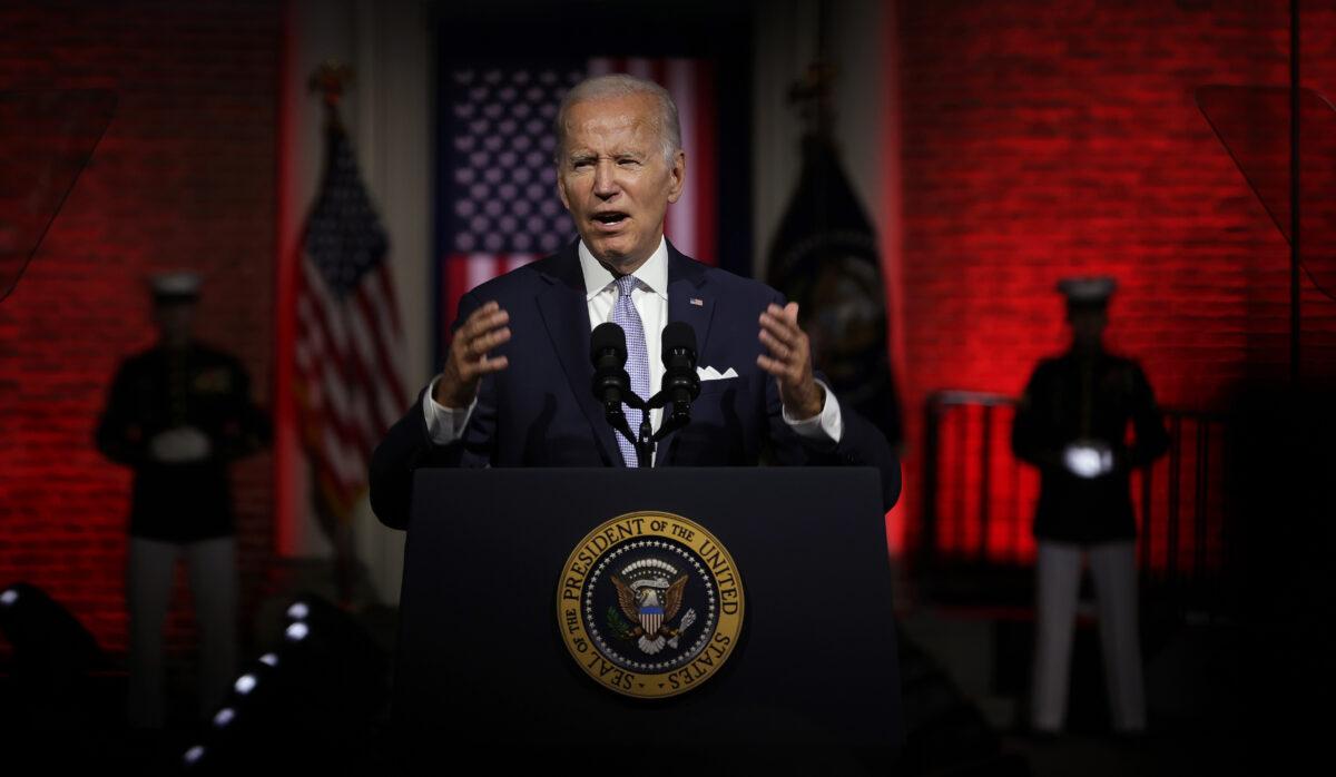 President Joe Biden delivers a speech at Independence National Historical Park in Philadelphia, Pa., on Sept. 1, 2022. (Alex Wong/Getty Images)
