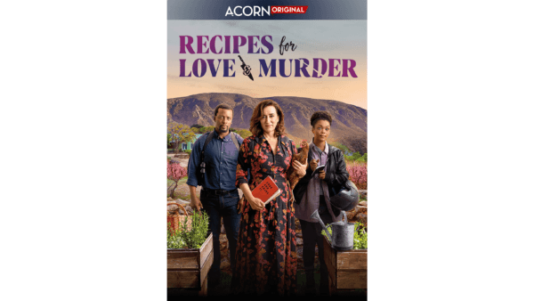 (L–R) Tony Kgoroge, Maria Doyle Kennedy, and Kylie Fisher are shown in a promotional ad for Acorn's online series "Recipes for Love and Murder." (Both World Pictures)