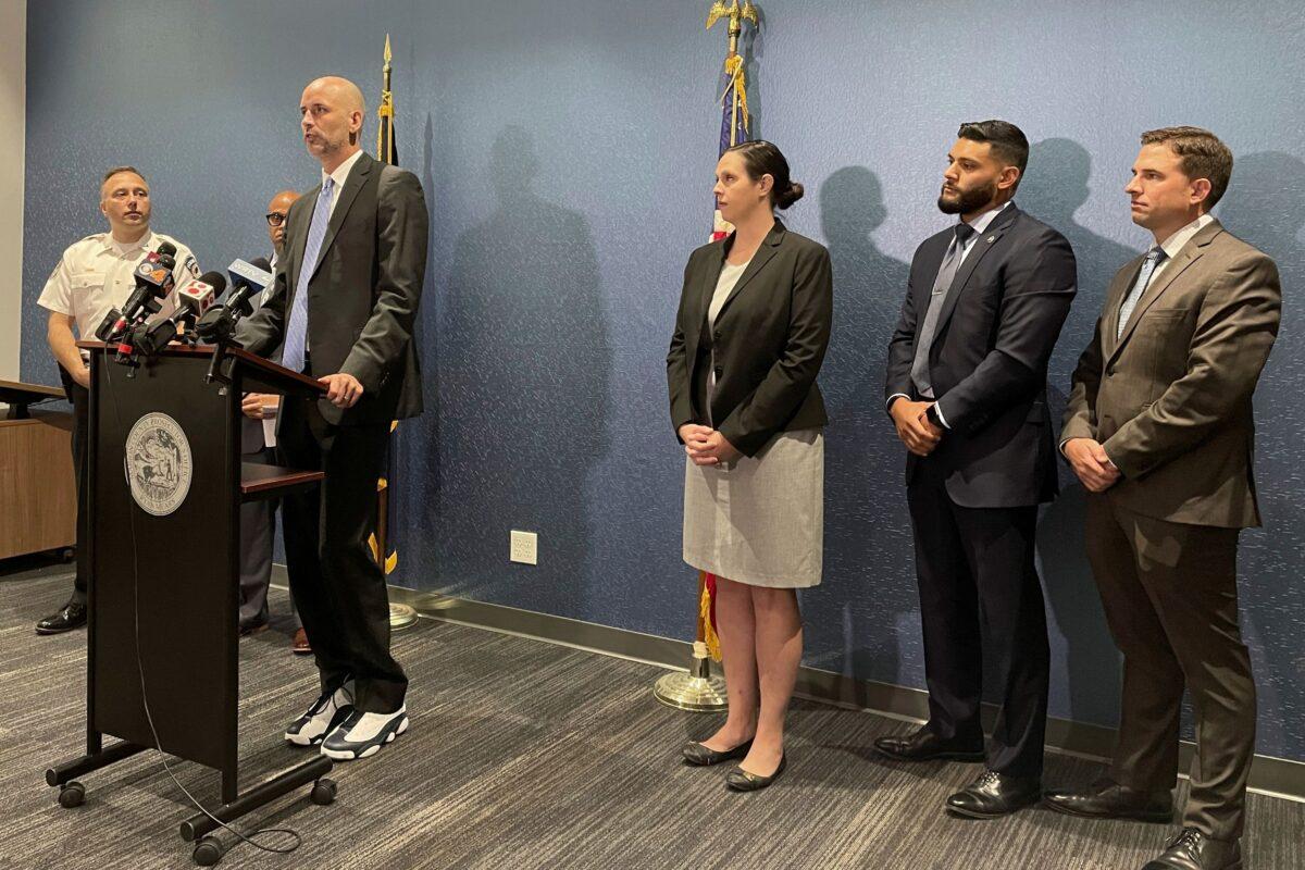 Marion County prosecutor Ryan Mears announces murder charges against a 22-year-old man who shot three Dutch soldiers, one fatally, over the weekend in downtown Indianapolis on Sept. 1, 2022. (Arleigh RodgersAP Photo)