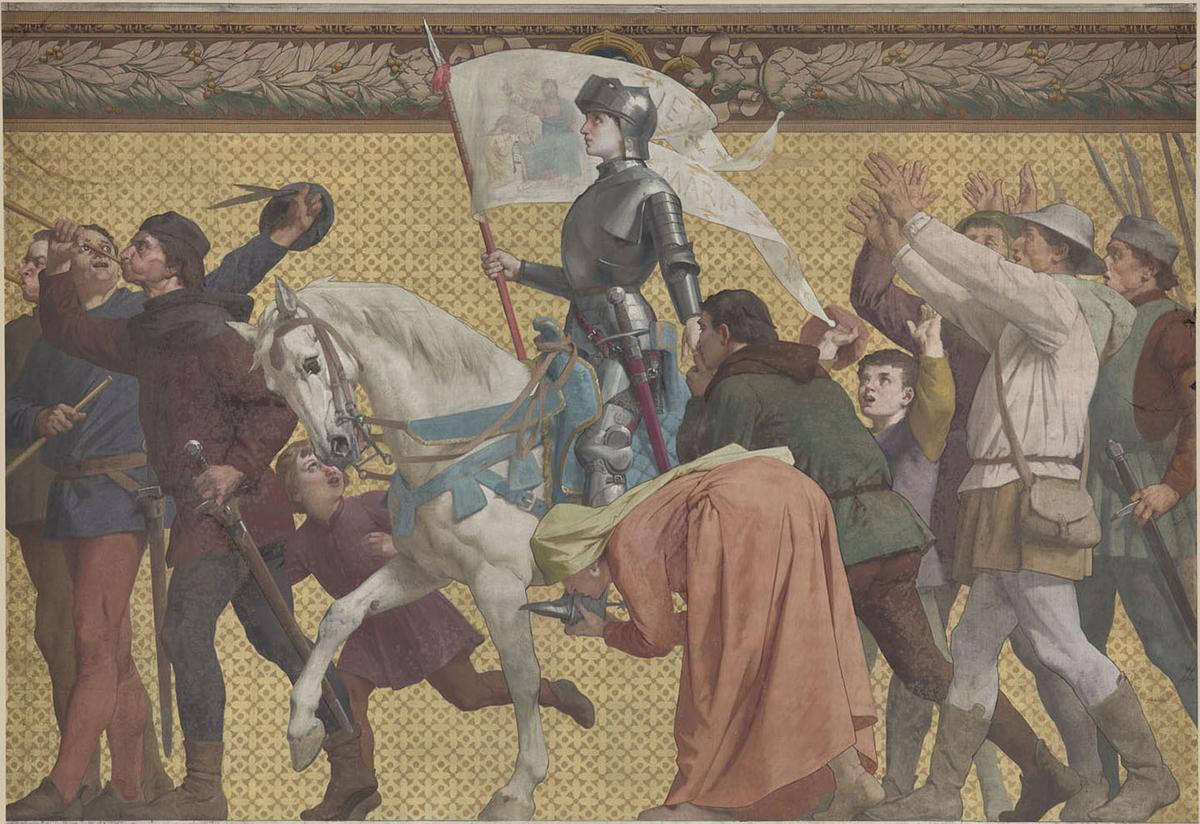 The second panel from “The Life of Joan of Arc” frieze at the Pantheon in France, by Jules-Eugène, unknown date. In this panel, the people of France are depicted hailing Joan of Arc and kissing her hands and feet. (Public Domain)