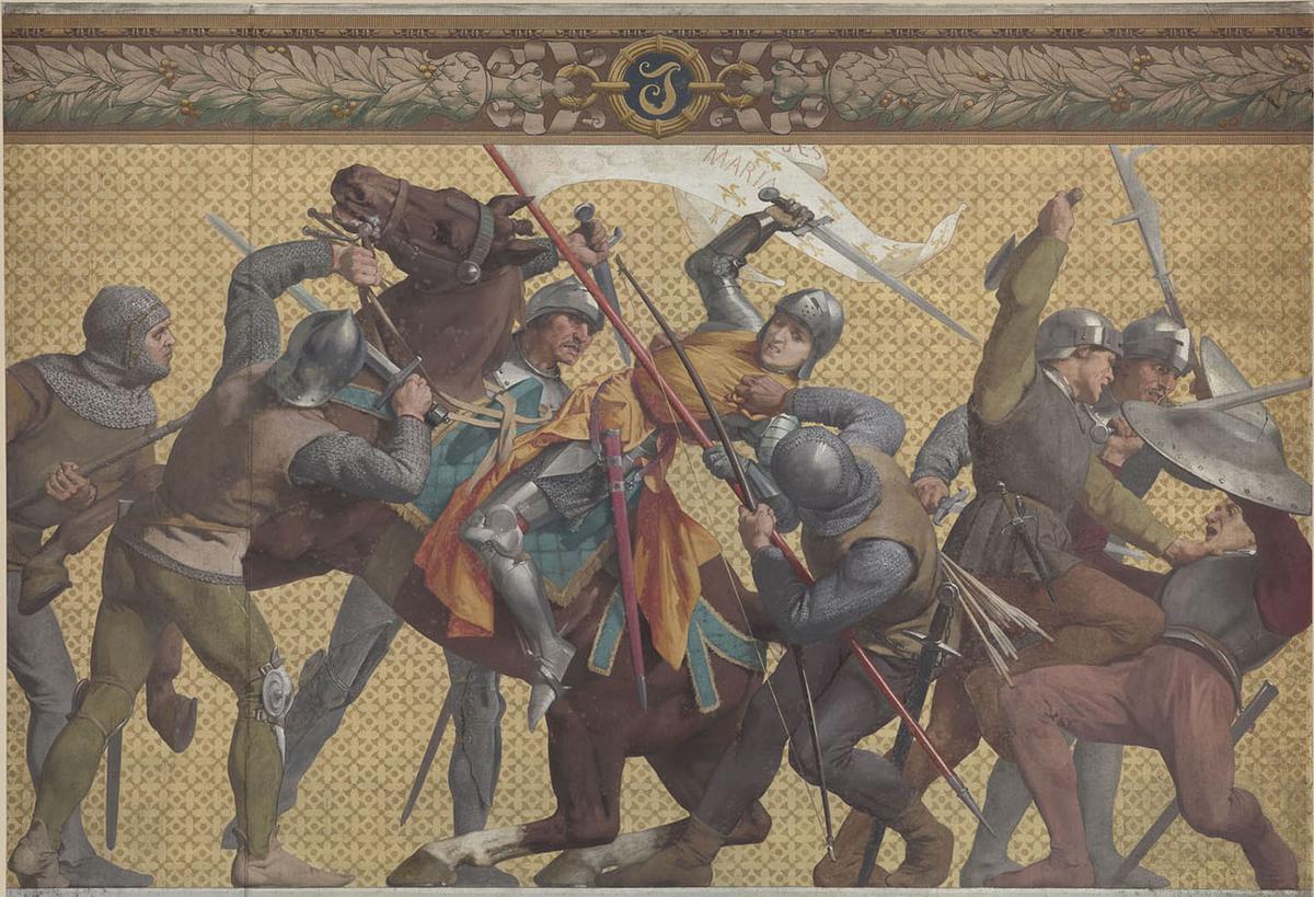 The third panel from “The Life of Joan of Arc” frieze at the Pantheon in France, by Jules-Eugène Lenepveu, unknown date. In this panel, Burgundian soldiers, who are allies of England, are capturing Joan. (Public Domain)