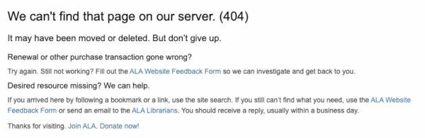  The error message on the American Library Association's website at the page that once displayed advice on how to secretly promote pro-LGBT programming. Screenshot taken Sept. 3, 2022. (The Epoch Times)