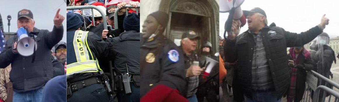 Ohio Pastor William Dunfee used a bullhorn to direct protesters into the Capitol on Jan. 6, 2021, a defense attorney argues. (U.S. DOJ/Screenshot via The Epoch Times)