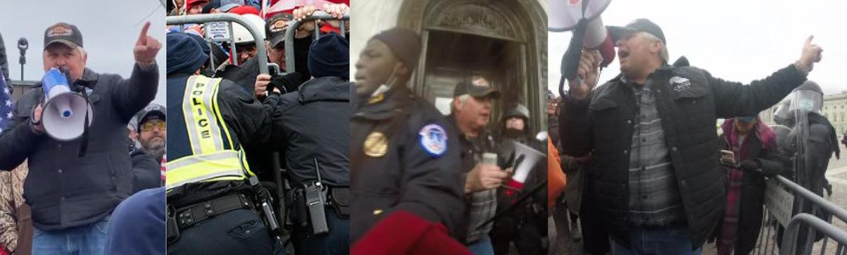  Pastor Bill Dunfee used a bullhorn to incite protesters to storm the Capitol on Jan. 6, 2021, a defense attorney argues. (Attorney Brad Geyer/Screenshot via The Epoch Times)