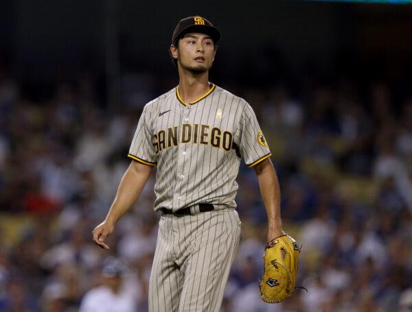 Yu Darvish #11 of the San Diego Padres watches the third out of the fifth inning against the Los Angeles Dodgers at Dodger Stadium in Los Angeles, on Sept. 2, 2022. (Harry How/Getty Images)