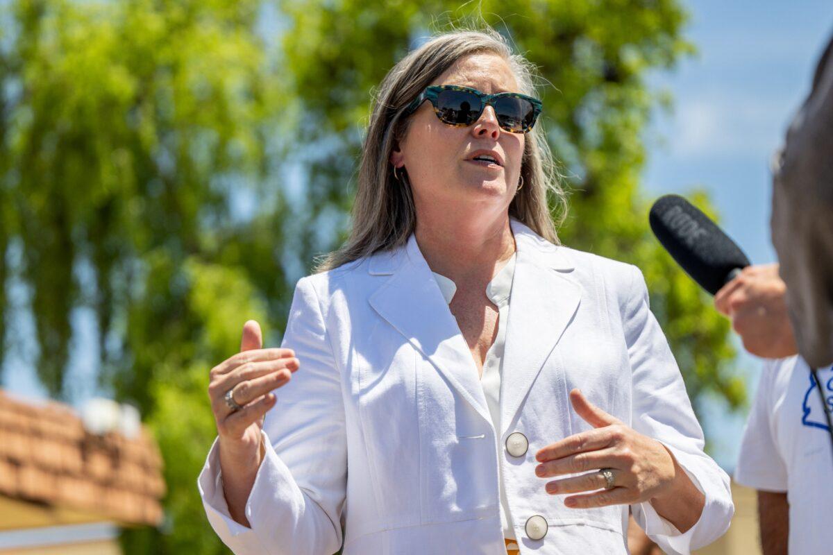 Arizona Secretary of State and candidate for governor Katie Hobbs speaks to reporters in Tolleson, Ariz., on Aug. 2, 2022. (Brandon Bell/Getty Images)