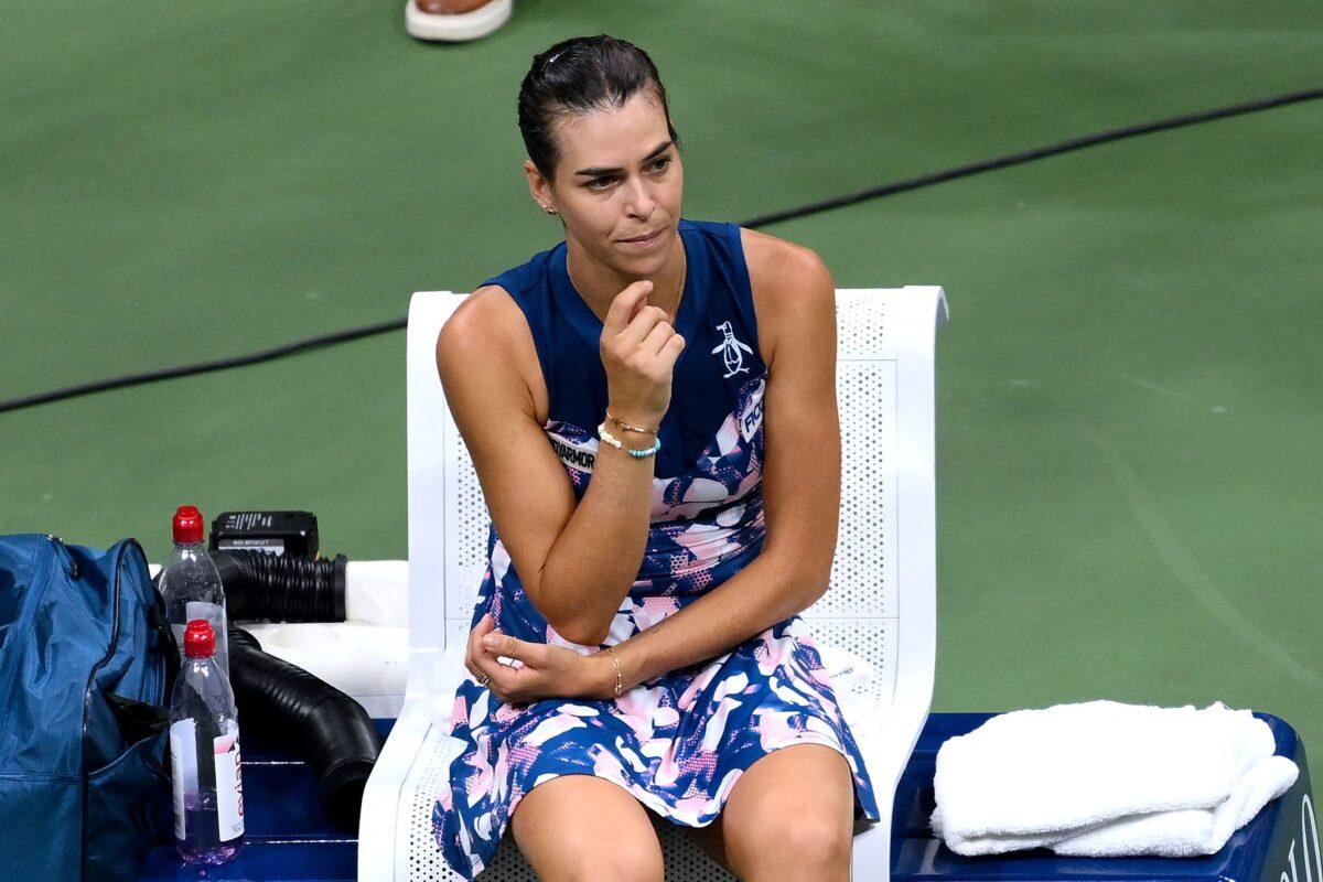 Ajla Tomljanovic of Australia sits on her bench after winning against Serena Williams of the United States following their 2022 U.S. Open Tennis tournament women's singles third round match at the USTA Billie Jean King National Tennis Center in New York on Sept. 2, 2022. (Angela Weiss/AFP via Getty Images)