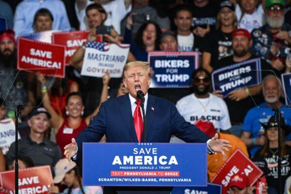 Former U.S. President Donald Trump speaks during a campaign rally at Mohegan Sun Arena in Wilkes-Barre, Pennsylvania on Sept. 3, 2022. (Ed Jones/AFP via Getty Images)