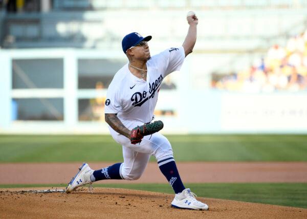 Starting pitcher Julio Urias (7) of the Los Angeles Dodgers throws against the San Diego Padres during the first inning at Dodger Stadium in Los Angeles, on Sept.  3, 2022. (Kevork Djansezian/Getty Images)