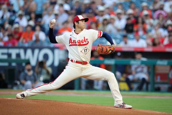 Shohei Ohtani (17)  of the Los Angeles Angels pitches against the Houston Astros in the first inning at Angel Stadium of Anaheim, in Anaheim, Calif., on Sept. 3, 2022. (Meg Oliphant/Getty Images)
