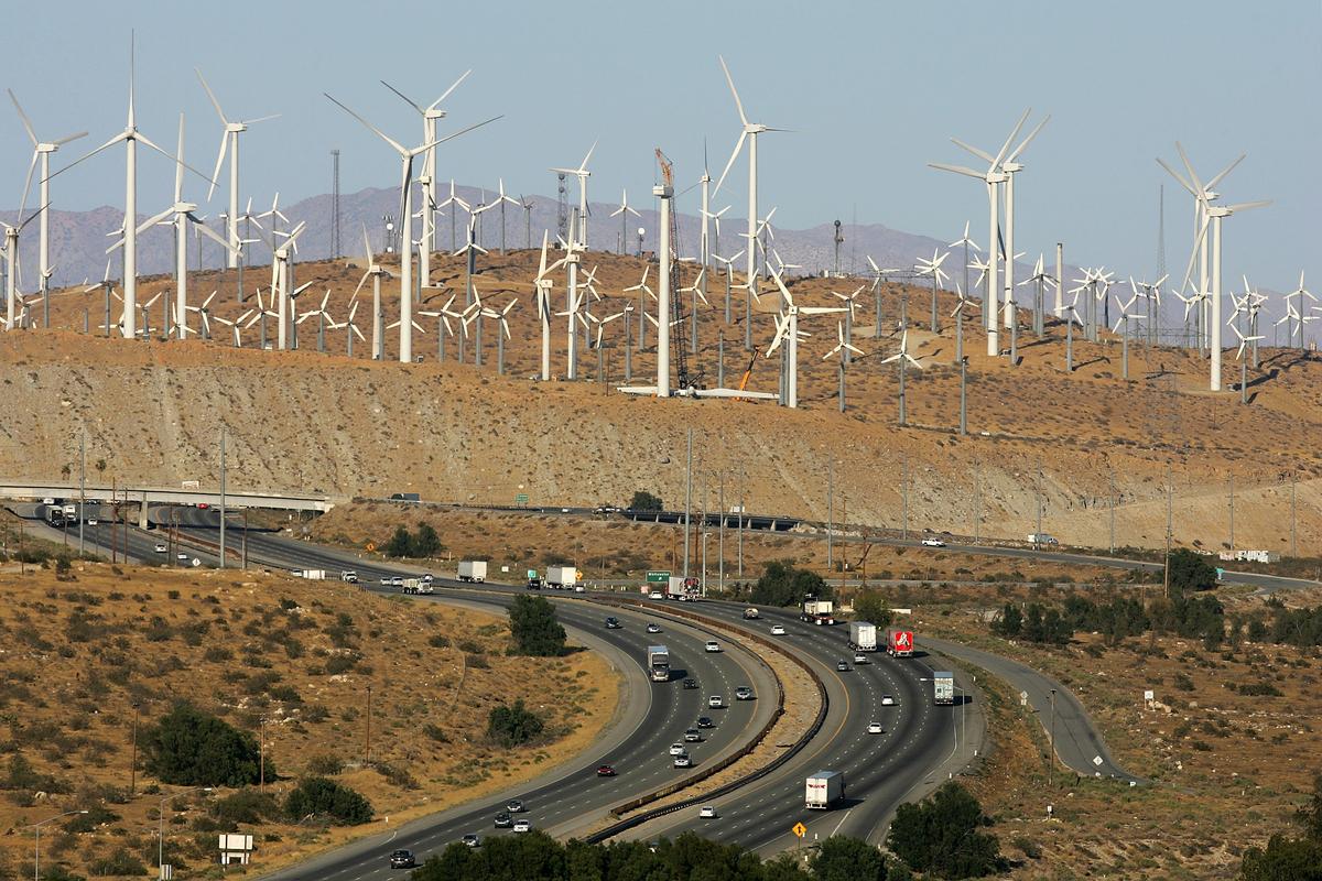 Giant wind turbines are powered by strong prevailing winds near Palm Springs, Calif., on May 13, 2008. (David McNew/Getty Images)
