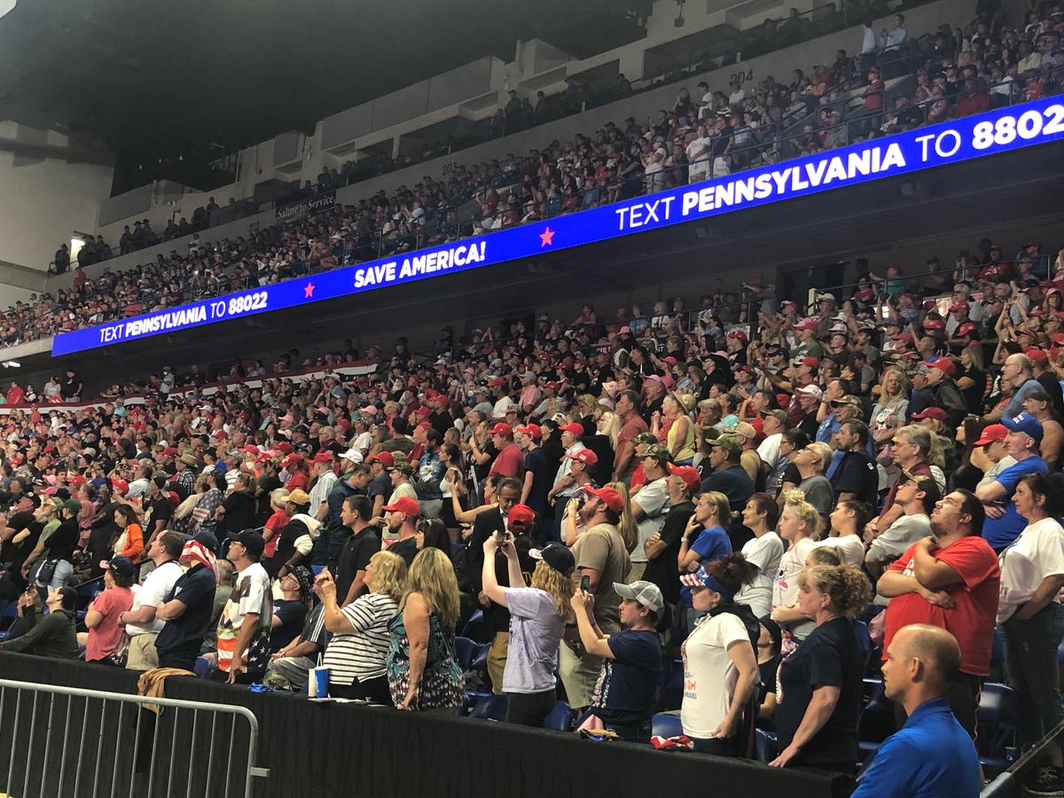 Attendees wait in anticipation for former President Donald Trump's arrival at the Mohegan Sun Arena in Wilke-Barre, Penn. for his ‘Save America’ rally on Sept. 4, 2022. (Bill Pan/The Epoch Times)