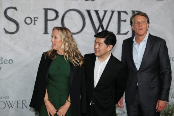Jennifer Salke, Albert Cheng, and Jeff Blackburn arrive at the premiere of The Lord of the Rings: The Rings of Power in London on Aug. 30, 2022. (May James/Reuters)