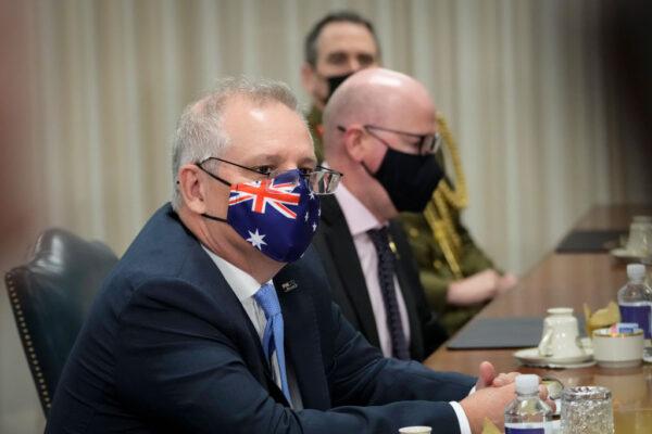 Former Prime Minister of Australia, Scott Morrison, speaks during a meeting with U.S. Secretary of Defense Lloyd Austin at the Pentagon in Arlington, Virginia on September 22, 2021, following the announcement of the AUKUS security pact. (Photo by Drew Angerer/Getty Images)