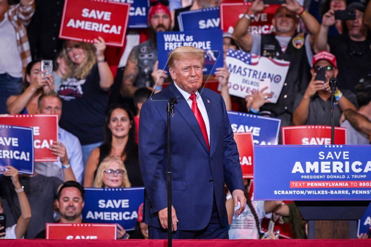 Former U.S. President Donald Trump during a campaign rally in support of Doug Mastriano for governor and Mehmet Oz for U.S. Senate at Mohegan Sun Arena in Wilkes-Barre, Pa., on Sept. 3, 2022. (Ed Jones/AFP via Getty Images)