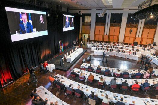 Australian Prime Minister Anthony Albanese addresses the Jobs and Skills Summit at Parliament House in Canberra, Australia on Sept. 1, 2022. (Martin Ollman/Getty Images)