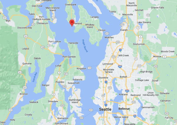 Dropped pin shows the location of Mutiny Bay west of Whidbey Island, where a float plane crashed on Sept. 4, 2022. (Screenshot via The Epoch Times)