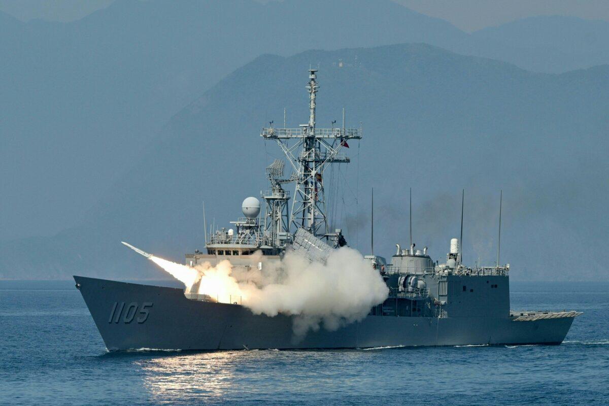 Taiwanese navy launches a U.S.-made Standard missile from a frigate during the annual Han Kuang Drill on the sea near the Suao navy harbor in Yilan county, Taiwan, on July 26, 2022. (Sam Yeh/AFP via Getty Images)