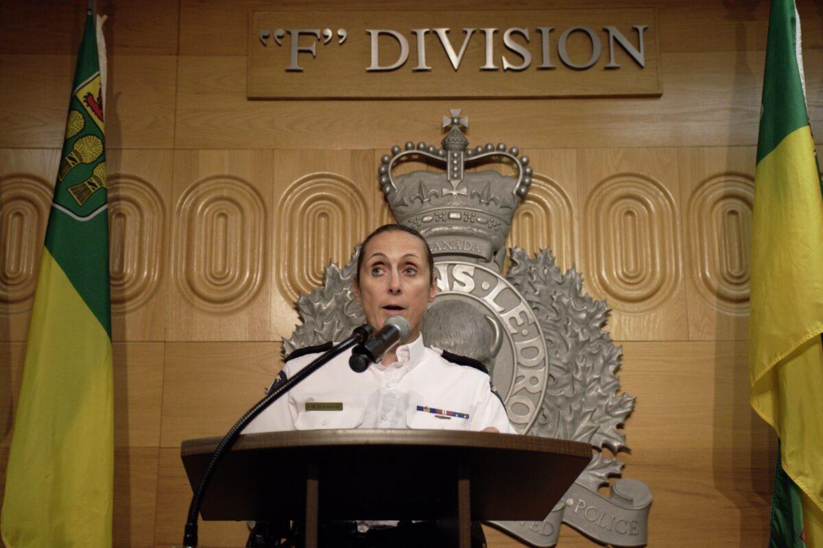 Assistant Commissioner Rhonda Blackmore speaks during a press conference at RCMP "F" Division Headquarters in Regina on Sept. 5, 2022. (The Canadian Press/Michael Bell)