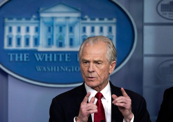 Peter Navarro, who was then-White House Trade and Manufacturing Policy Director, speaks during a briefing on the COVID-19 pandemic in the press briefing room of the White House in Washington on March 27, 2020. (Drew Angerer/Getty Images)