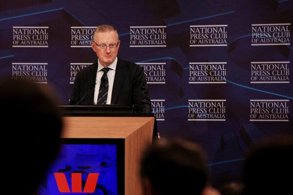 Philip Lowe, Governor of the Reserve Bank of Australia, addresses the National Press Club in Sydney, Australia, on Feb. 2, 2022. (Lisa Maree Williams/Getty Images)