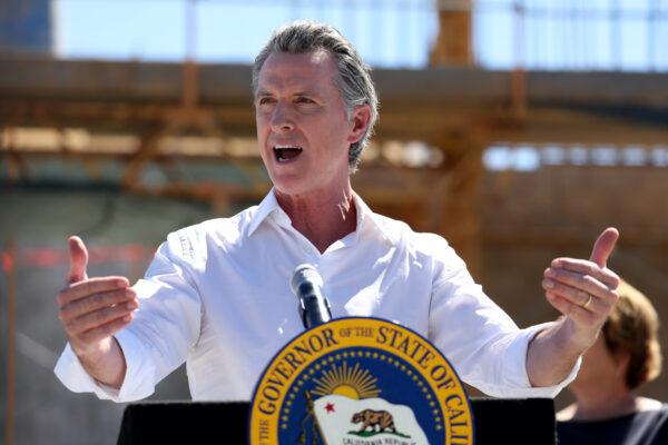 California Gov. Gavin Newsom, a Democrat, speaks to reporters during a visit to the Antioch Water Treatment Plant in Antioch, Calif., on Aug. 11, 2022. (Justin Sullivan/Getty Images)