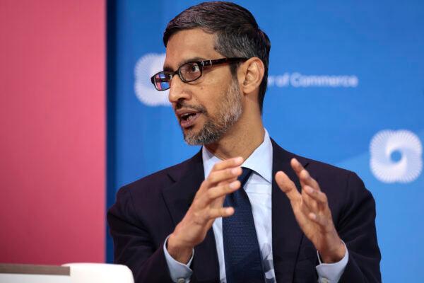 Alphabet CEO Sundar Pichai speaks at a panel at the CEO Summit of the Americas hosted by the U.S. Chamber of Commerce in Los Angeles, on June 9, 2022. (Anna Moneymaker/Getty Images)