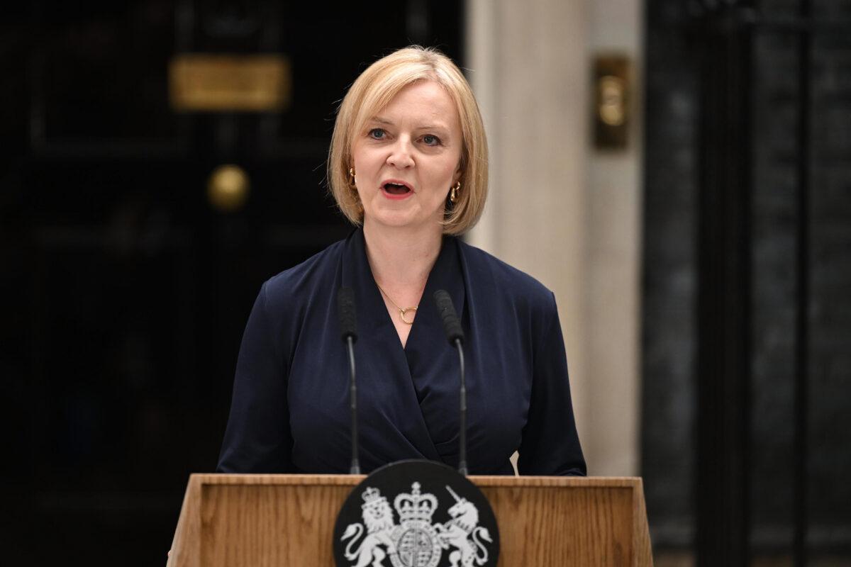 Prime Minister Liz Truss gives her first speech at Downing Street, London, on Sept 6, 2022. (Leon Neal/Getty Images)