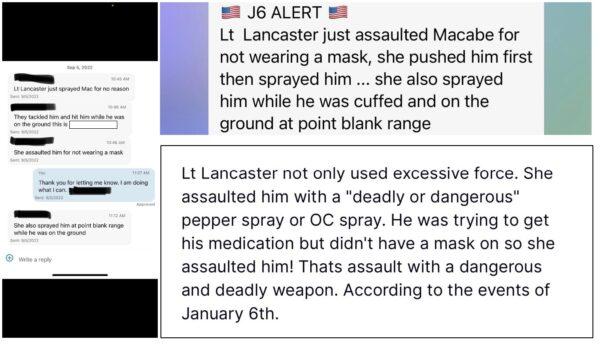 Screenshot of assembled text messages sent out by three Jan. 6, 2021, Capitol breach prisoners as events unfolded at the jail in Washington during an alleged assault initiated by Lt. Crystal Lancaster. (Obtained by The Epoch Times)