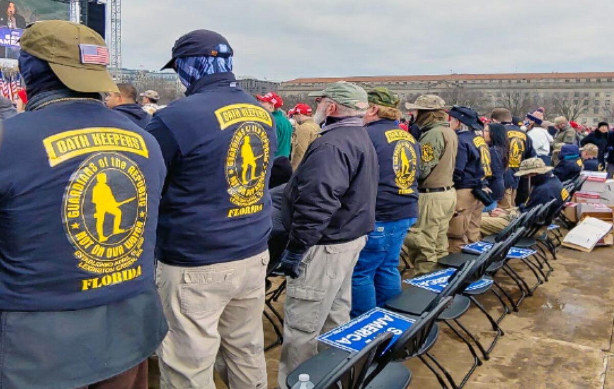 Oath Keepers listen to a speech prior to President Donald Trump's appearance at the Ellipse in Washington D.C. on Jan. 6, 2021. (U.S. District Court/Screenshot via The Epoch Times)