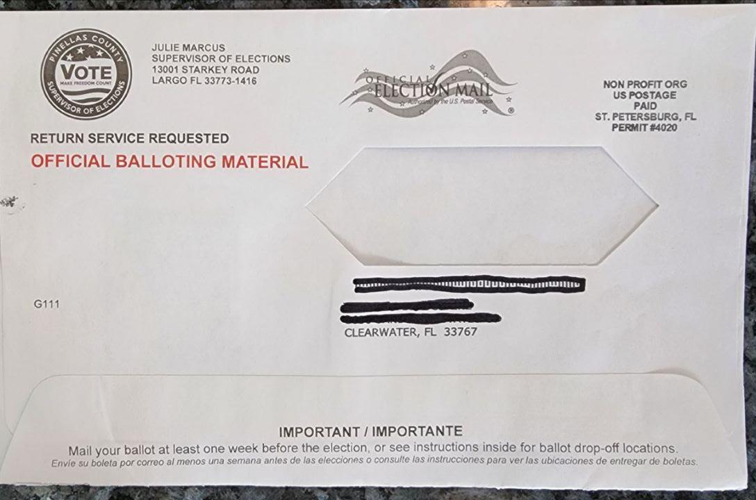 An envelope containing mail-in ballot materials sent by nonprofit mail by Pinellas County, Fla. (Courtesy of Christopher Gleason)
