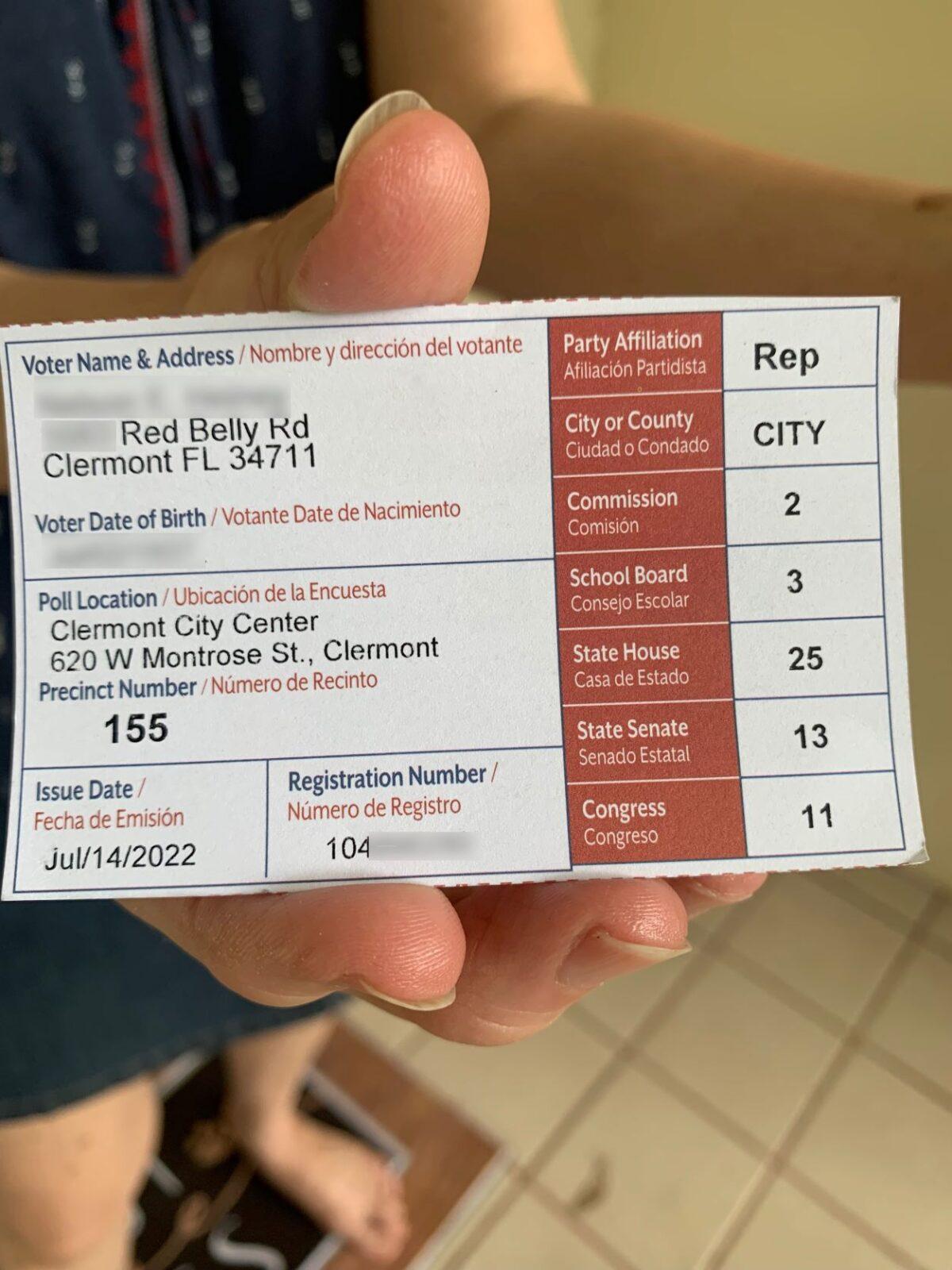 A voter information card issued to a resident of 12th Street in Clermont, Fla. with an inaccurate Red Belly Road address. (Courtesy of Kris Jurski)