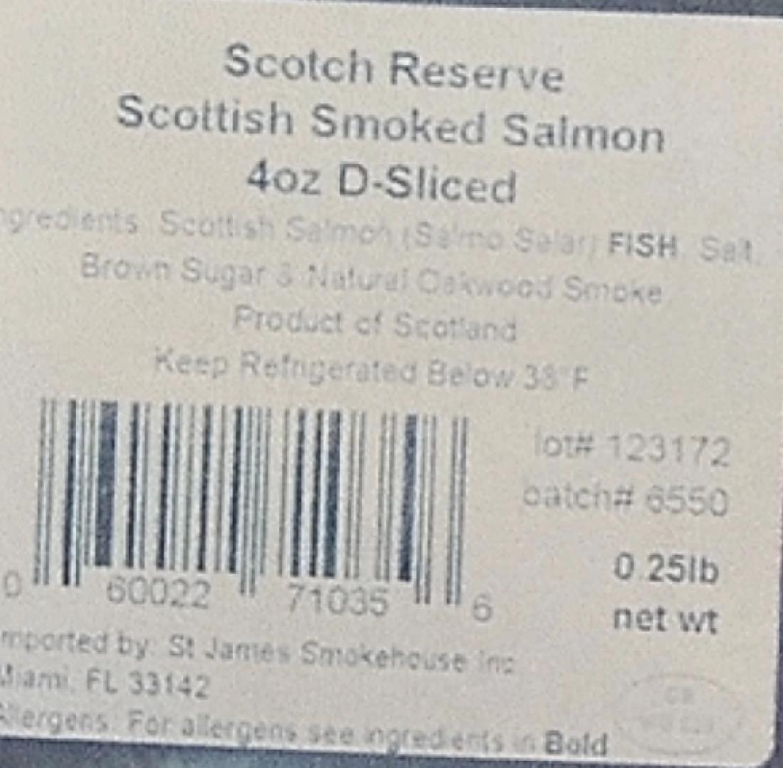 A product picture of St. James Scotch Reserve Scottish Smoked Salmon. (U.S. Food and Drug Administration)